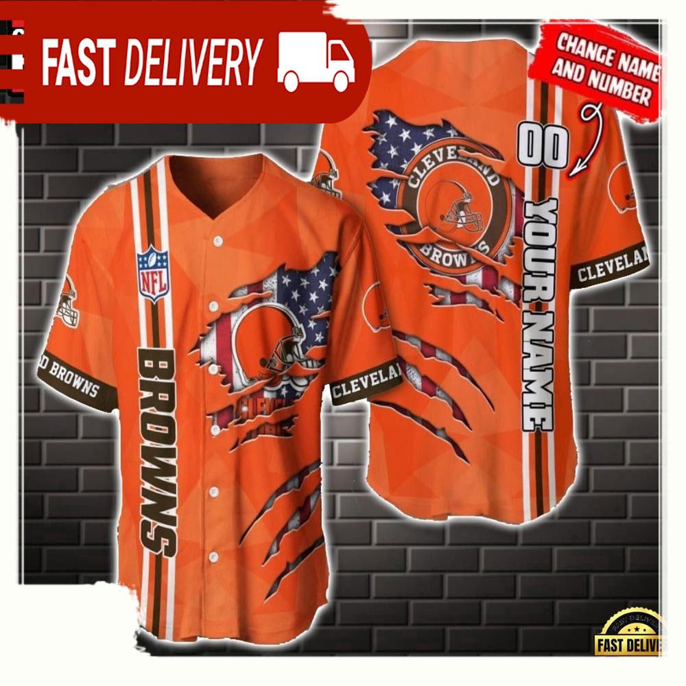 NLF Personalized Name & Numbler Cleveland Browns America Flag  Baseball Jersey Shirt Gift For Fans