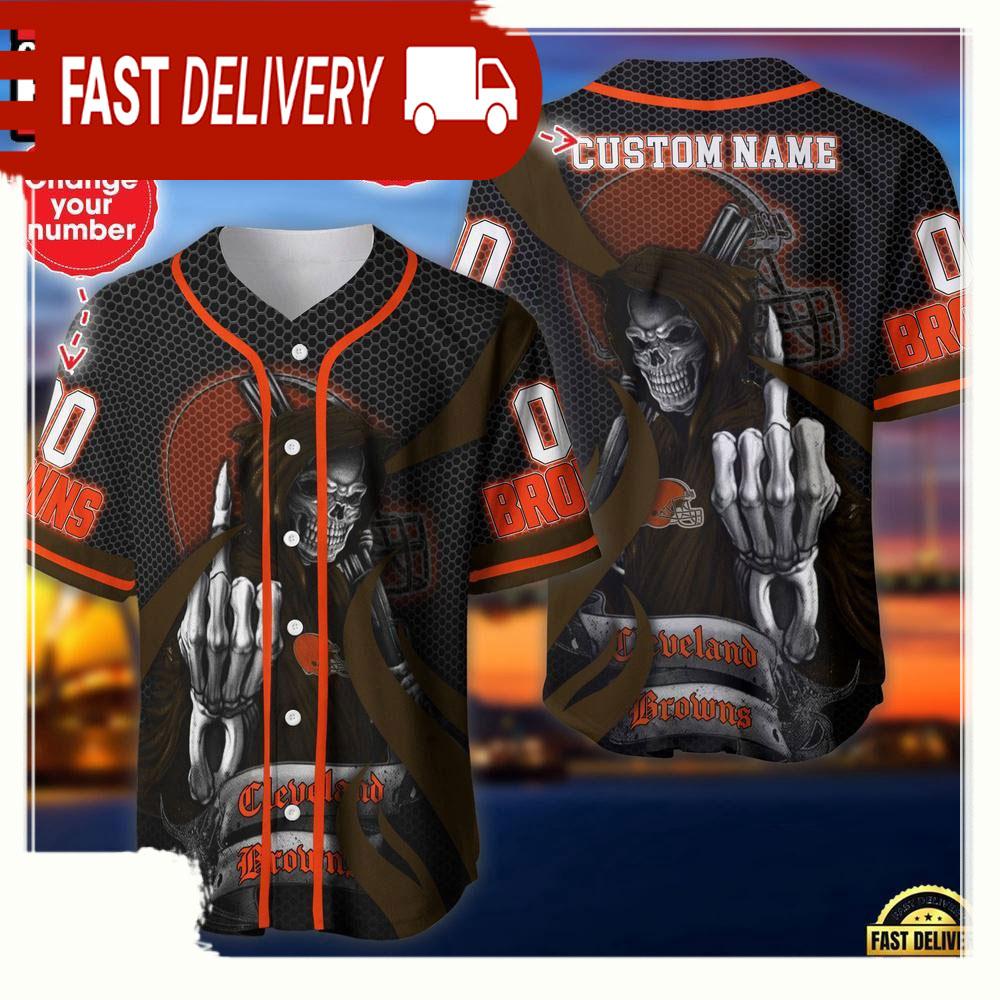 NLF Personalized Name & Numbler Cleveland Browns Skull Death Baseball Jersey Shirt