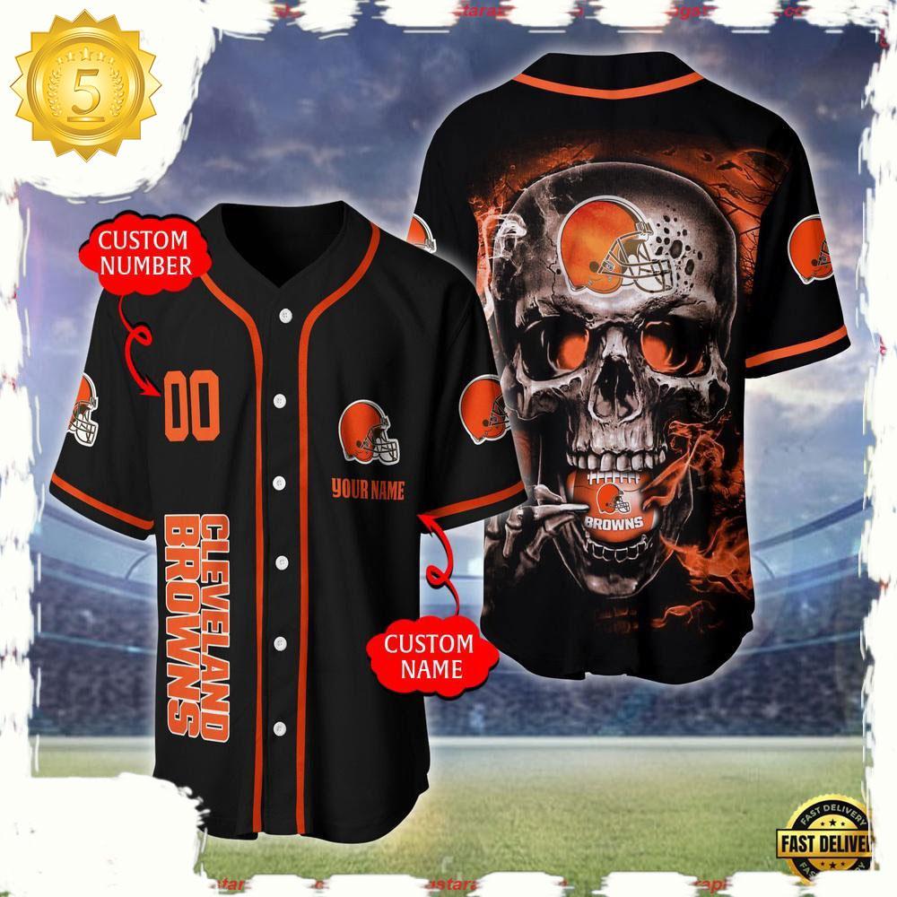 NLF Personalized Name & Numbler Cleveland Browns Skull Face Baseball Jersey Shirt