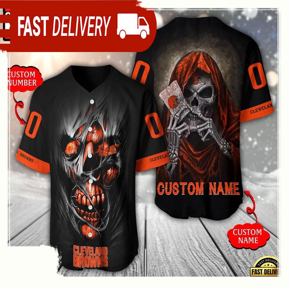 NLF Personalized Name & Numbler Cleveland Browns Team Skull Death Baseball Jersey Shirt