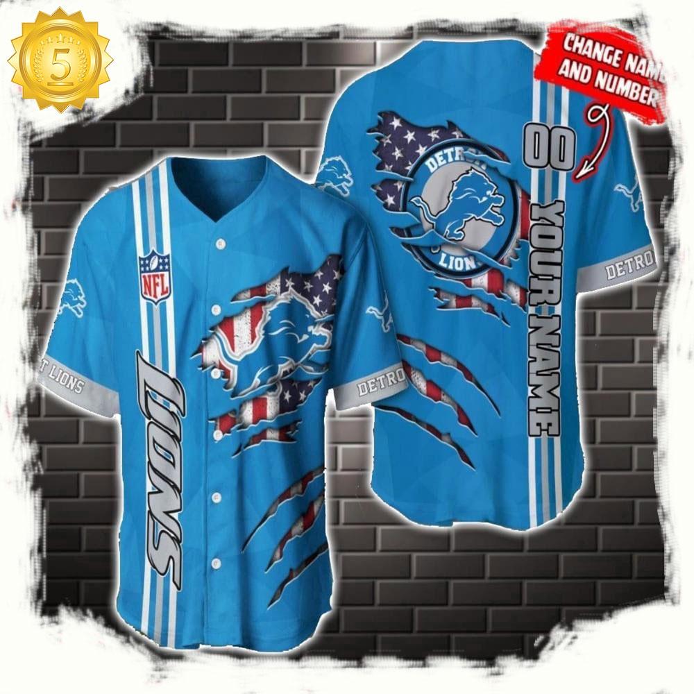 NLF Personalized Name & Numbler Detroit Lions America Flag  Baseball Jersey Shirt Gift For Fans
