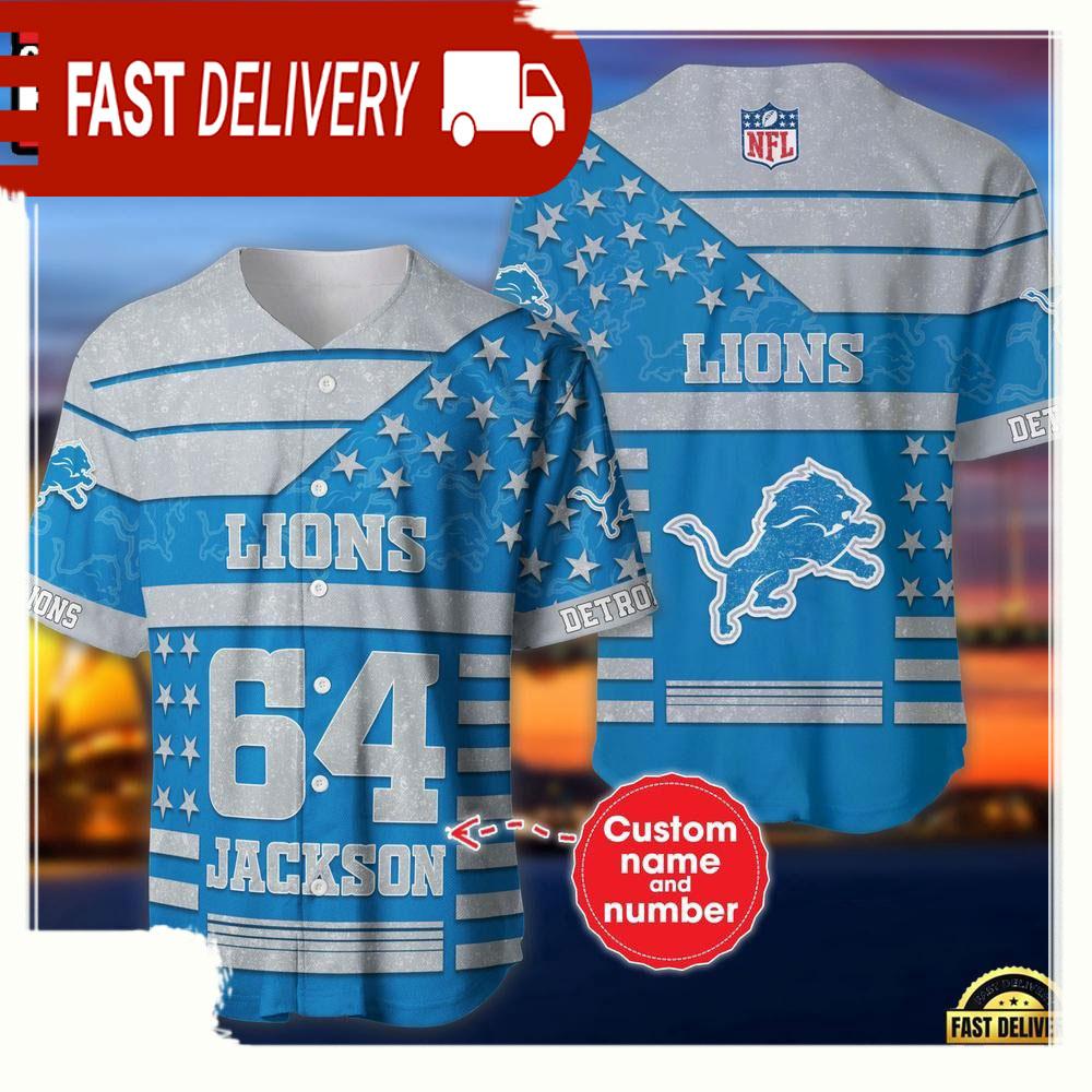 NLF Personalized Name & Numbler Detroit Lions American Flag Baseball Jersey Shirt