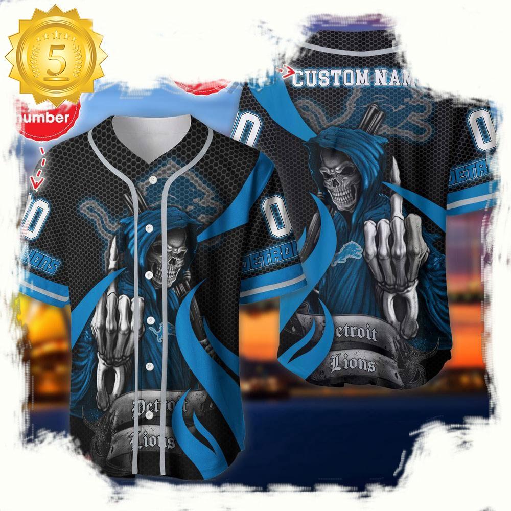 NLF Personalized Name & Numbler Detroit Lions Skull Death Baseball Jersey Shirt