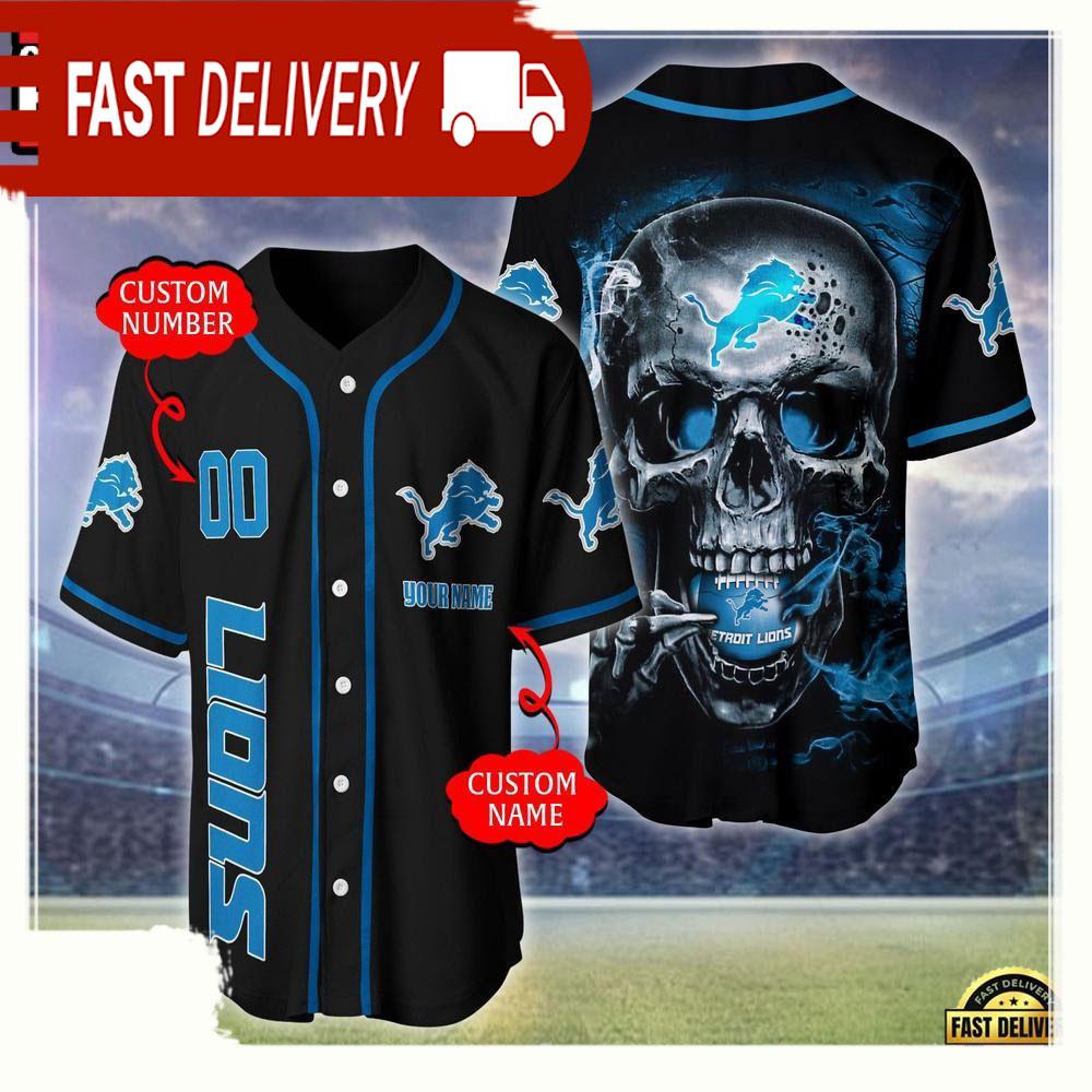 NLF Personalized Name & Numbler Detroit Lions Skull Face Baseball Jersey Shirt