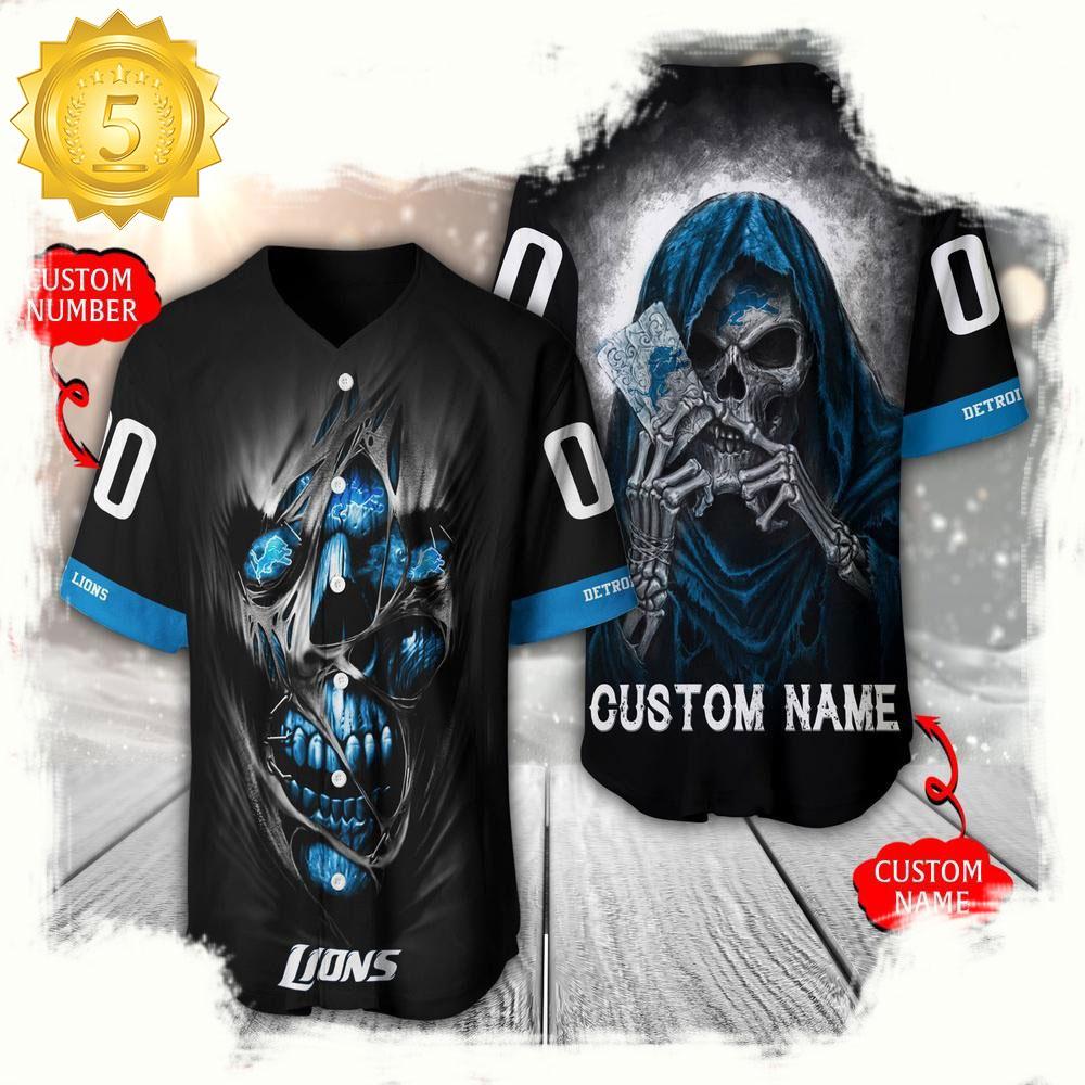 NLF Personalized Name & Numbler Detroit Lions Team Skull Death Baseball Jersey Shirt