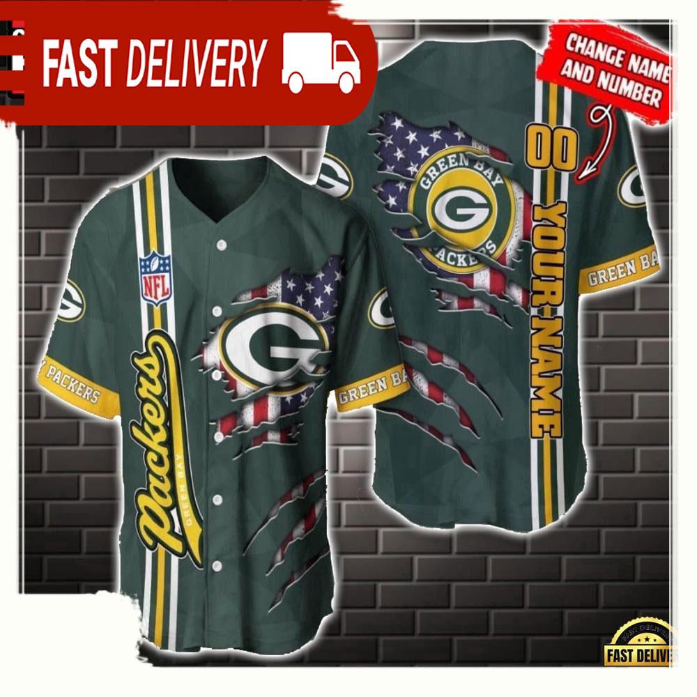 NLF Personalized Name & Numbler Green Bay Packers America Flag  Baseball Jersey Shirt Gift For Fans
