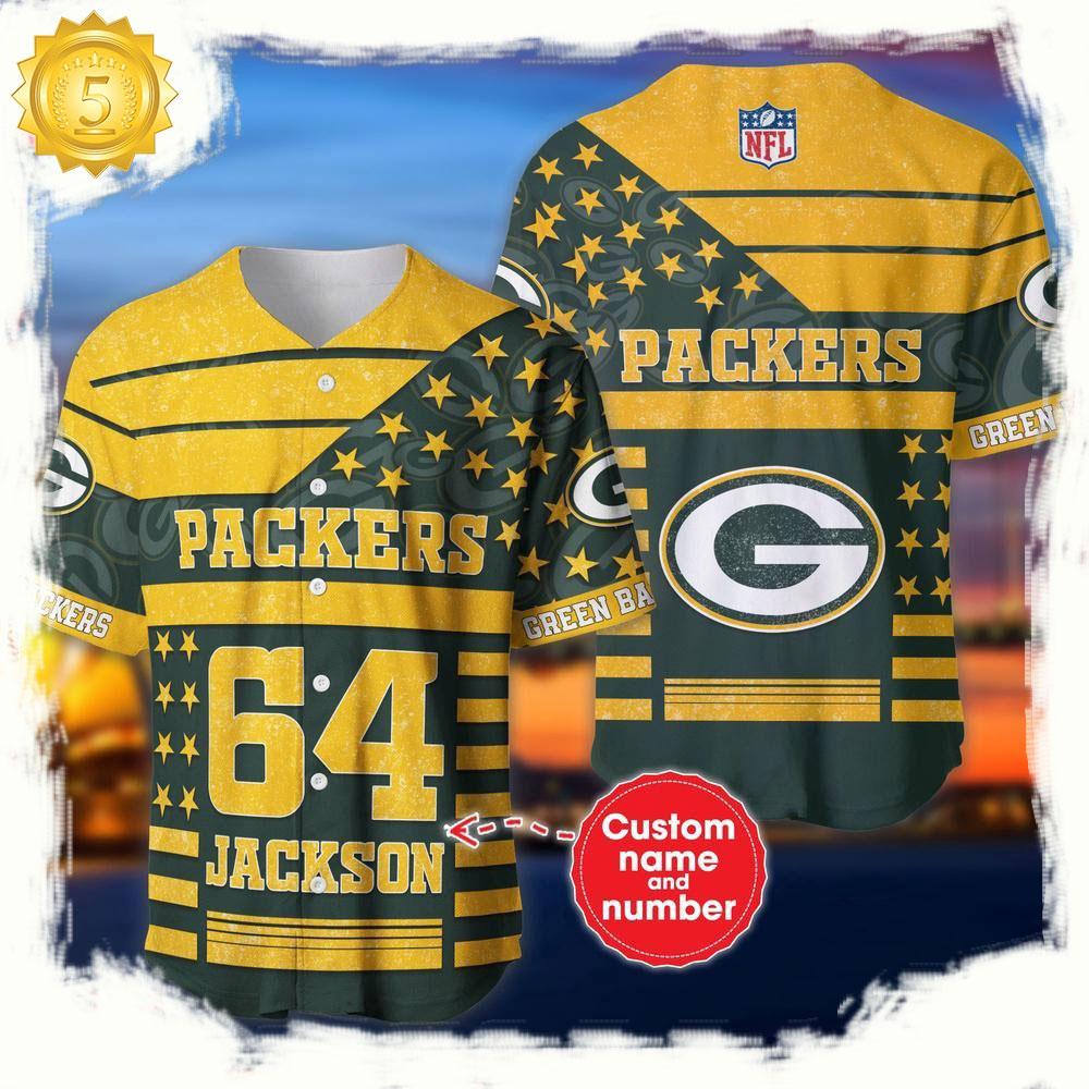 NLF Personalized Name & Numbler Green Bay Packers American Flag  Baseball Jersey Shirt