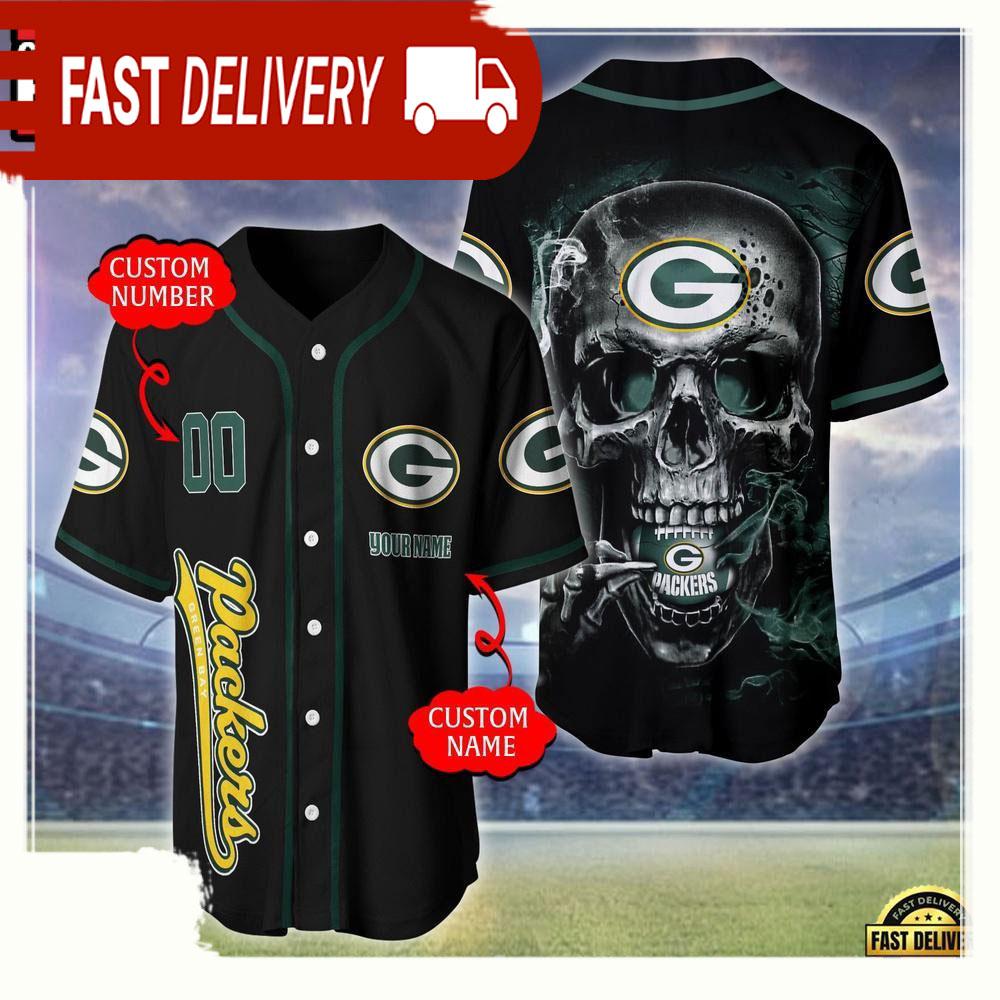NLF Personalized Name & Numbler Green Bay Packers Skull Face Baseball Jersey Shirt
