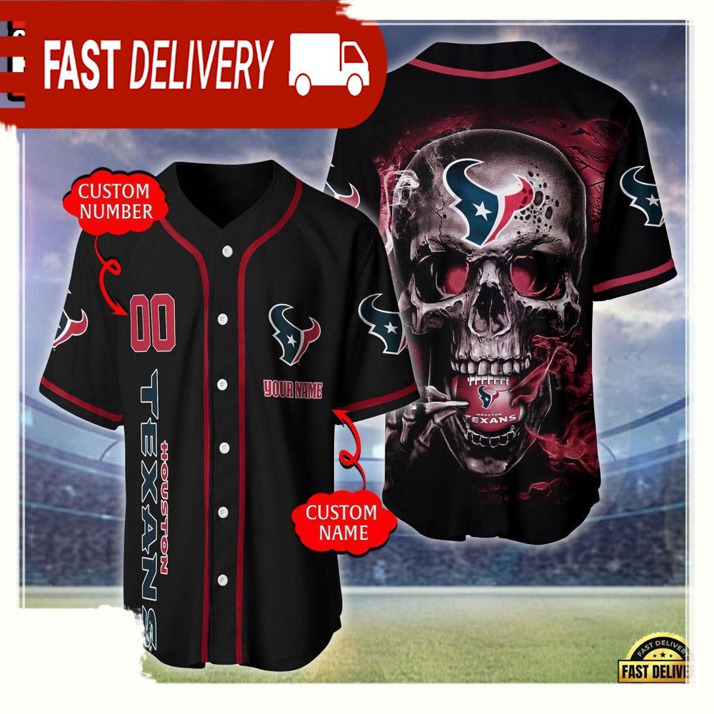 NLF Personalized Name & Numbler Houston Texans Skull Face Baseball Jersey Shirt