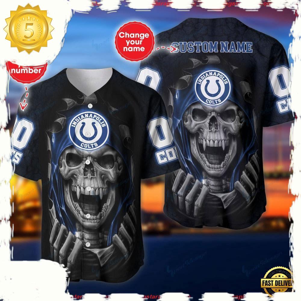 NLF Personalized Name & Numbler Indianapolis Colts Skull Baseball Jersey Shirt