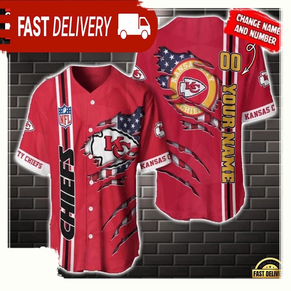 NLF Personalized Name & Numbler Kansas City Chiefs America Flag  Baseball Jersey Shirt Gift For Fans