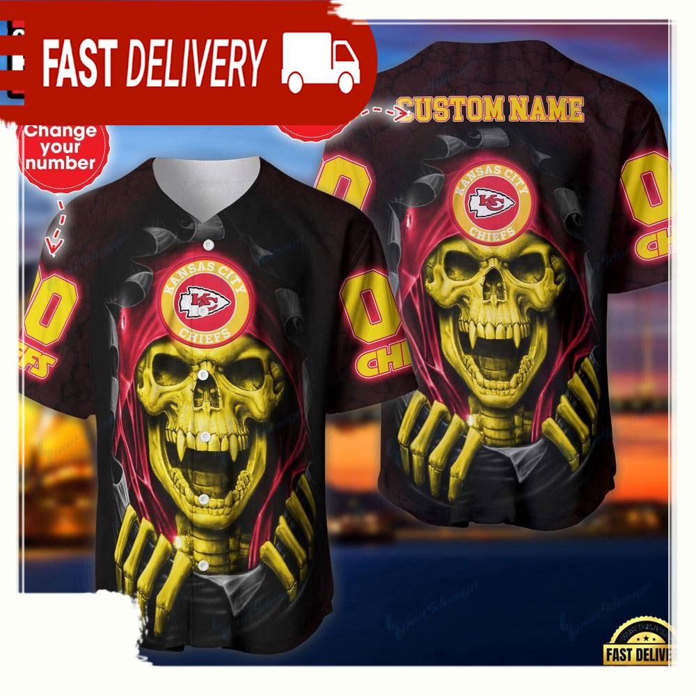 NLF Personalized Name & Numbler Kansas City Chiefs Skull Baseball Jersey Shirt