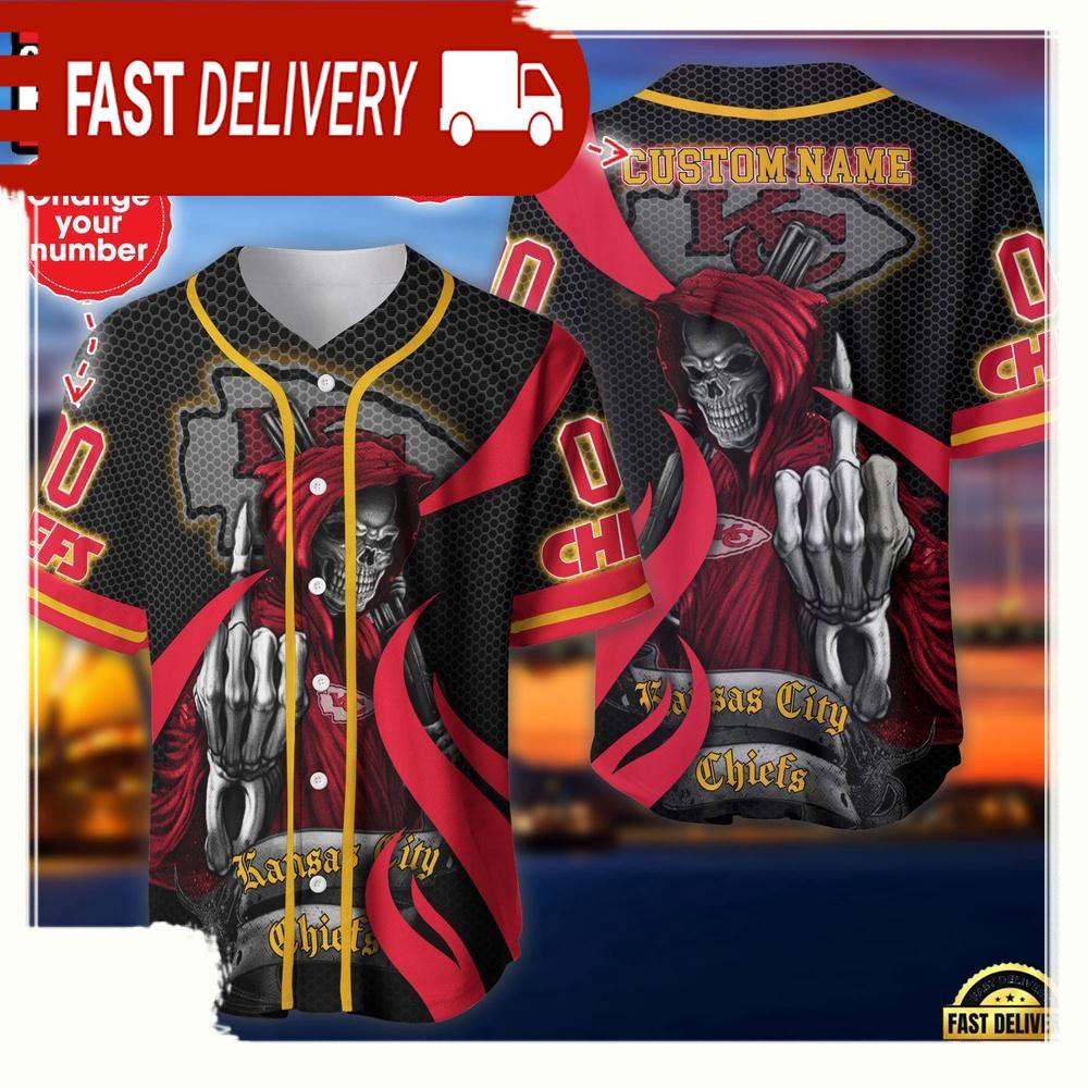 NLF Personalized Name & Numbler Kansas City Chiefs Skull Death Baseball Jersey Shirt