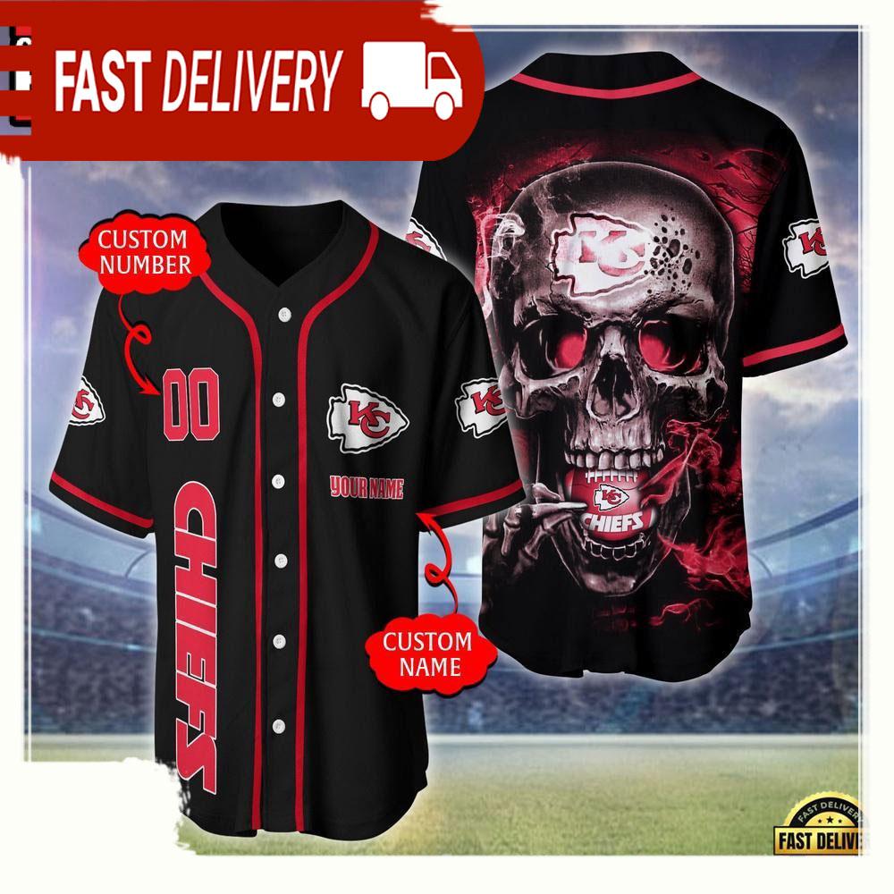 NLF Personalized Name & Numbler Kansas City Chiefs Skull Face Baseball Jersey Shirt
