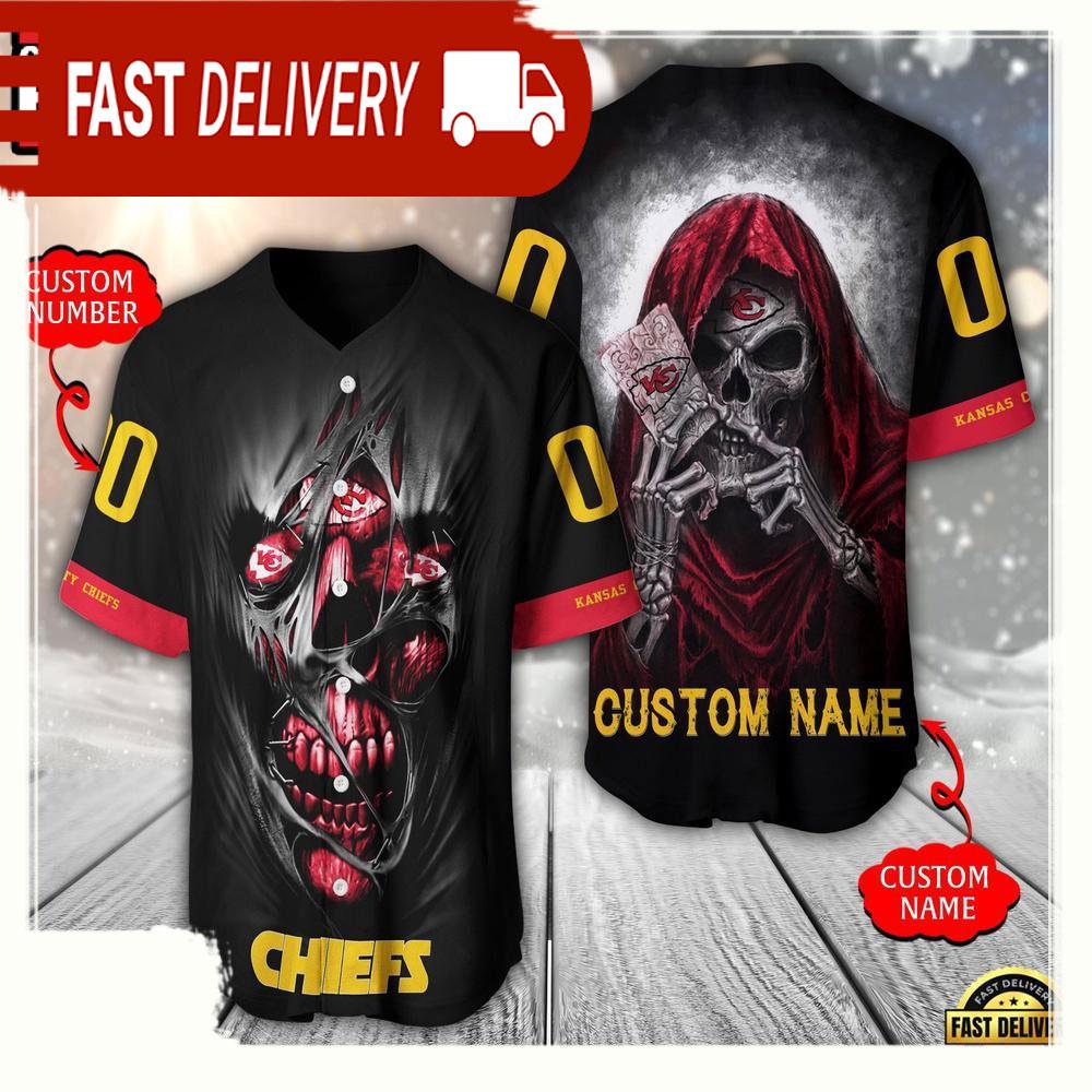 NLF Personalized Name & Numbler Kansas City Chiefs Team Skull Death Baseball Jersey Shirt