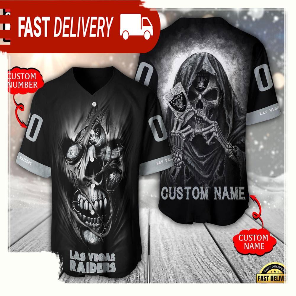 NLF Personalized Name & Numbler Las Vegas Raiders Team Skull Death Baseball Jersey Shirt