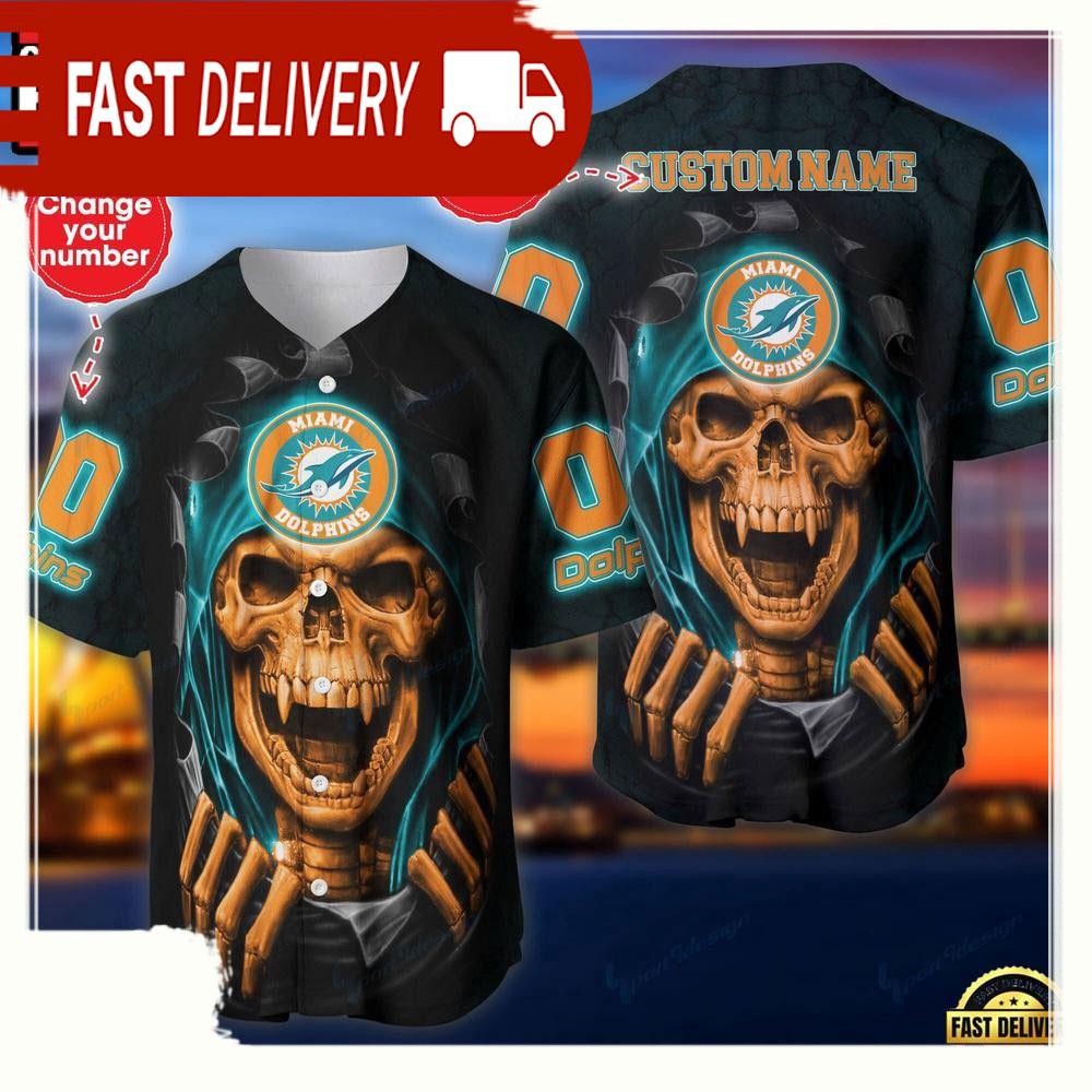 NLF Personalized Name & Numbler Miami Dolphins Skull Baseball Jersey Shirt