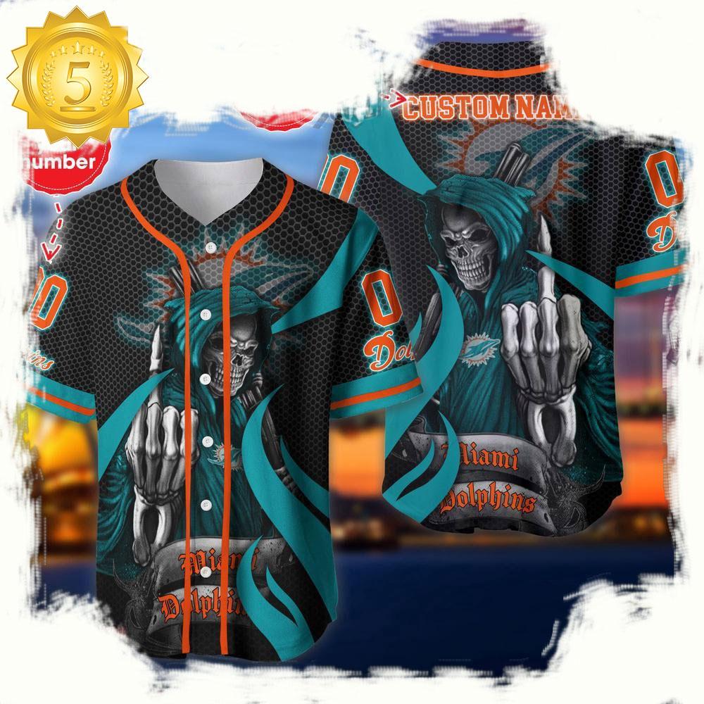 NLF Personalized Name & Numbler Miami Dolphins Skull Death Baseball Jersey Shirt