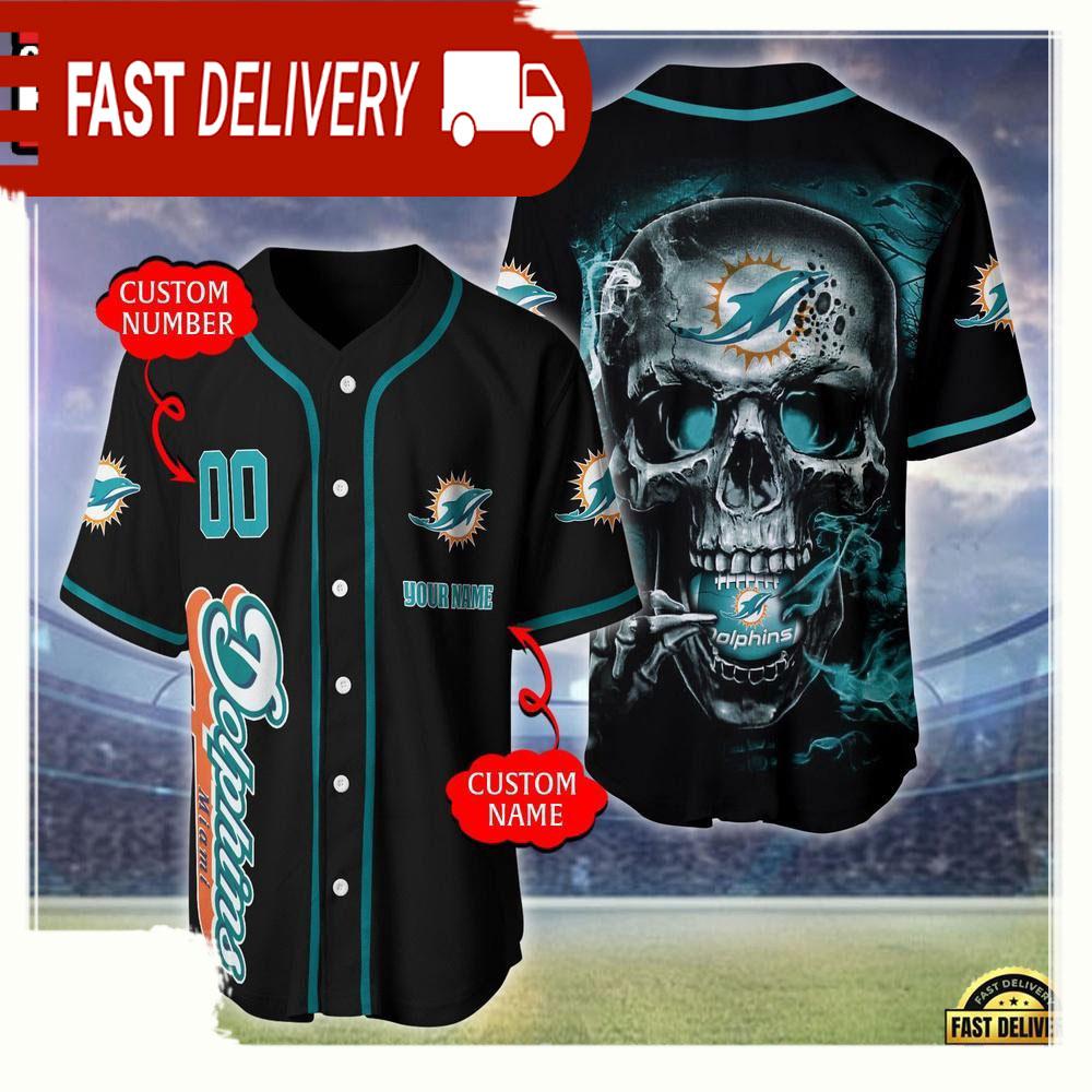 NLF Personalized Name & Numbler Miami Dolphins Skull Face Baseball Jersey Shirt