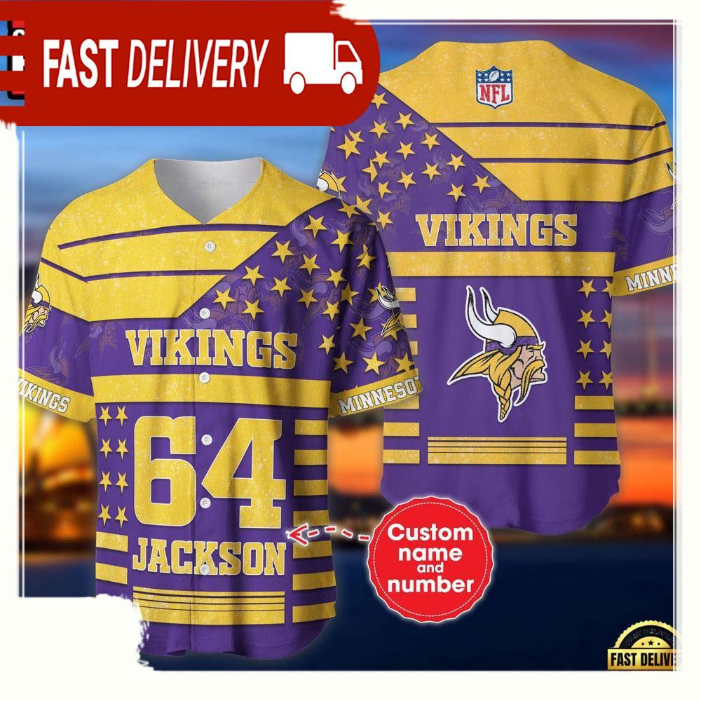 NLF Personalized Name & Numbler Minnesota Vikings American Flag  Baseball Jersey Shirt