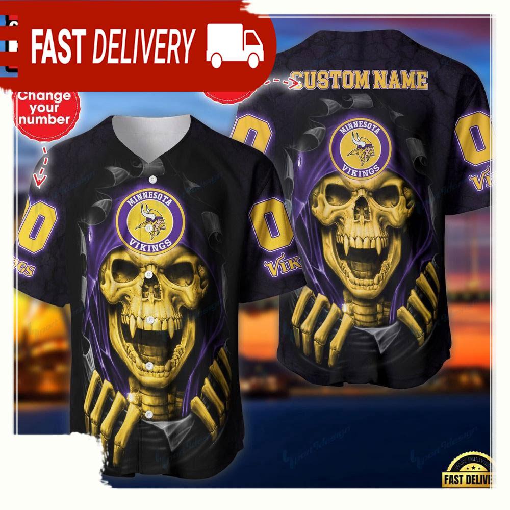NLF Personalized Name & Numbler Minnesota Vikings Skull Baseball Jersey Shirt