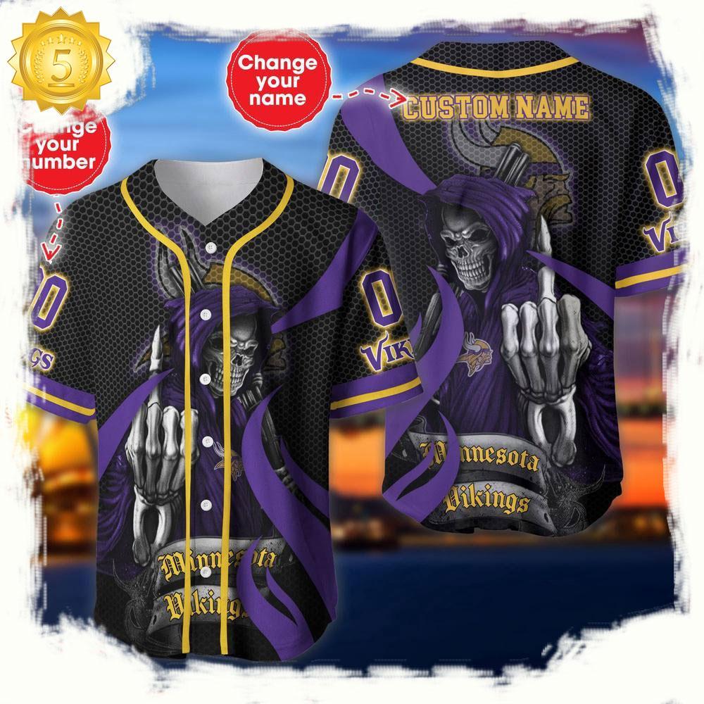 NLF Personalized Name & Numbler Minnesota Vikings Skull Death Baseball Jersey Shirt