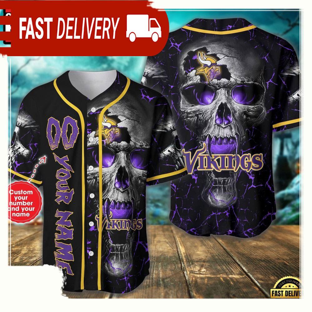 NLF Personalized Name & Numbler Minnesota Vikings Skull Face Baseball Jersey Shirt