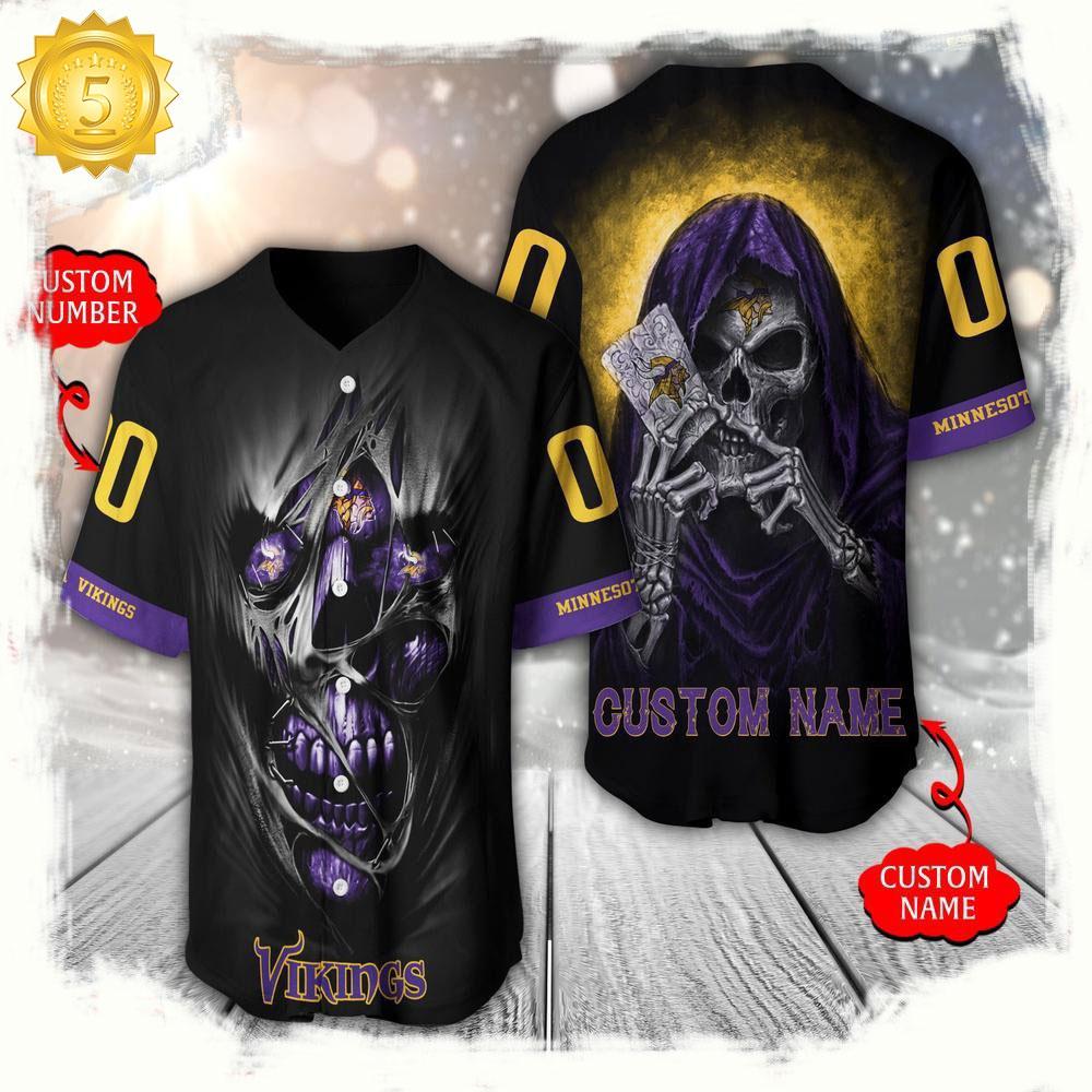 NLF Personalized Name & Numbler Minnesota Vikings Team Skull Death Baseball Jersey Shirt
