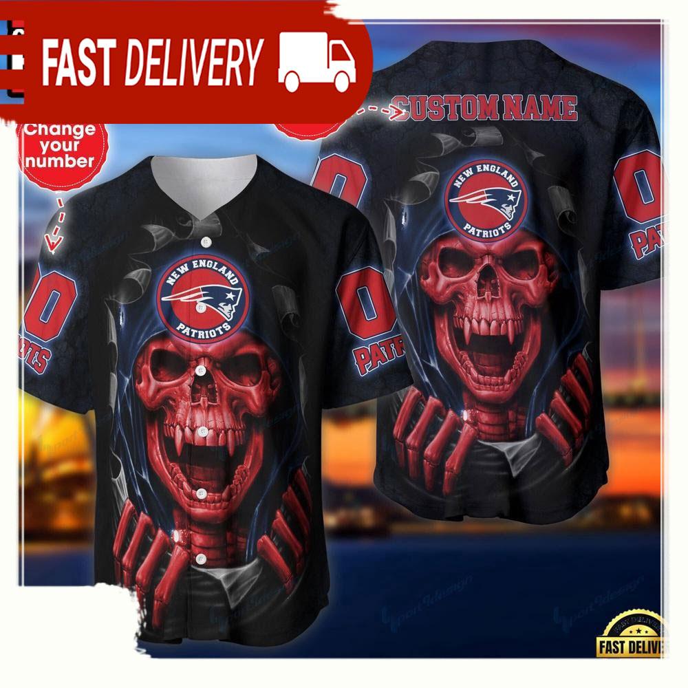 NLF Personalized Name & Numbler New England Patriots Skull Baseball Jersey Shirt
