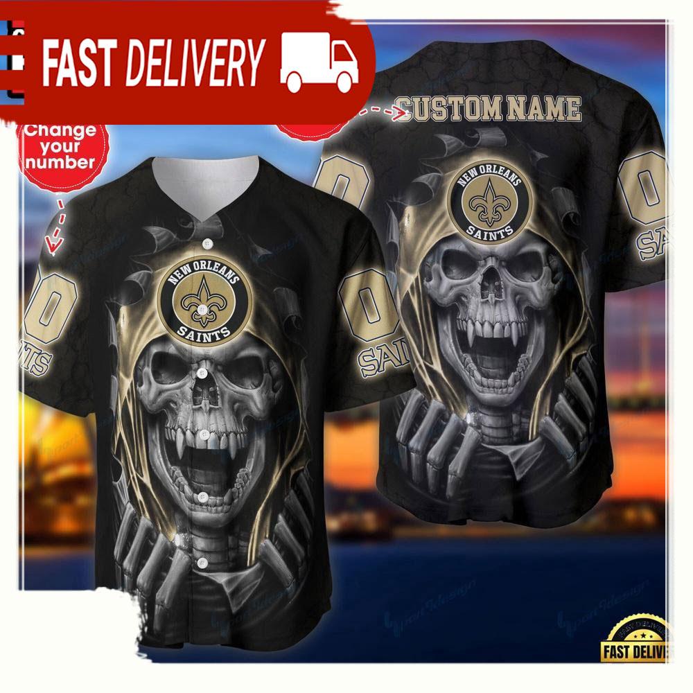 NLF Personalized Name & Numbler New Orleans Saints Skull Baseball Jersey Shirt