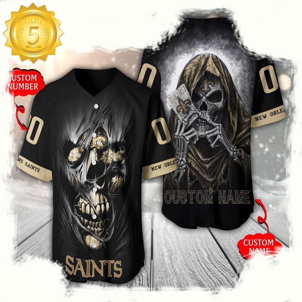NLF Personalized Name & Numbler New Orleans Saints Team Skull Death Baseball Jersey Shirt