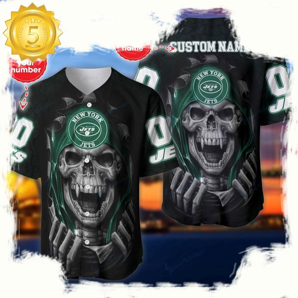 NLF Personalized Name & Numbler New York Jets Skull Baseball Jersey Shirt