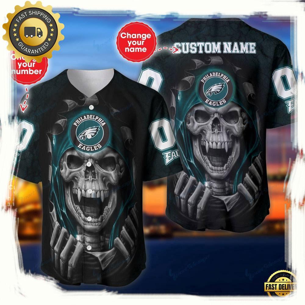 NLF Personalized Name & Numbler Philadelphia Eagles Skull Baseball Jersey Shirt