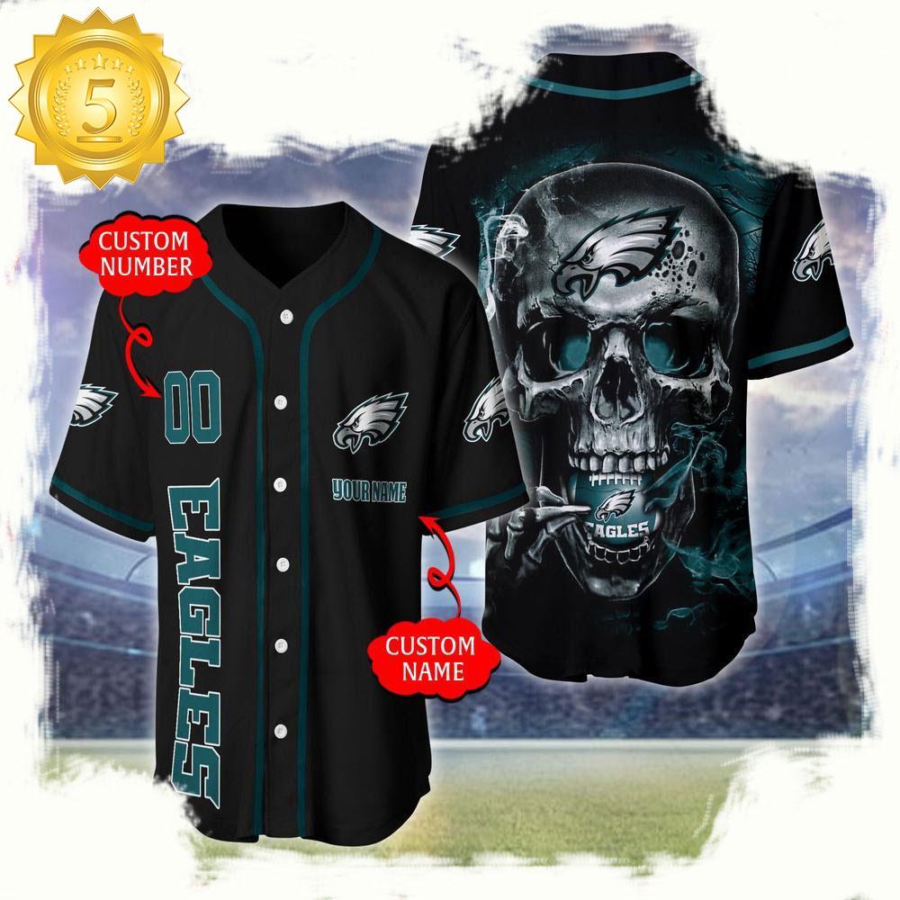 NLF Personalized Name & Numbler Philadelphia Eagles Skull Face Baseball Jersey Shirt