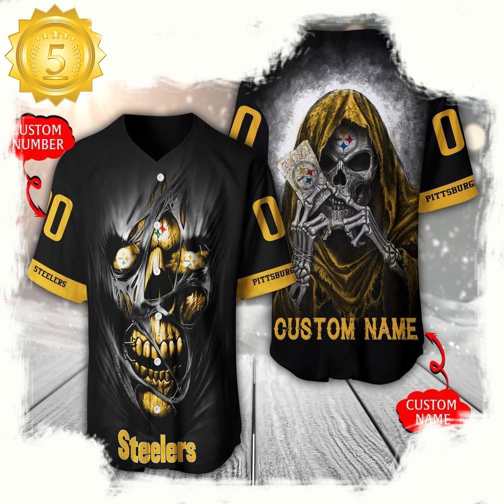 NLF Personalized Name & Numbler Pittsburgh Steelers Team Skull Death Baseball Jersey Shirt