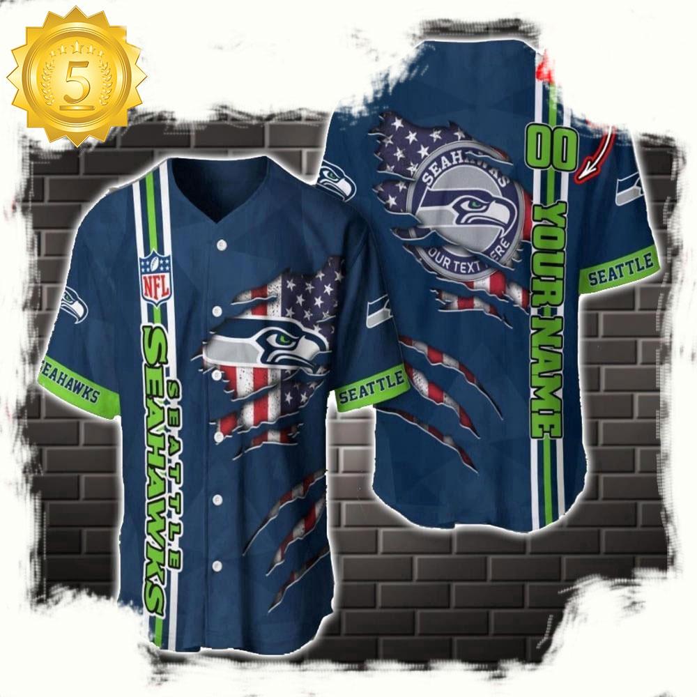 NLF Personalized Name & Numbler Seattle Seahawks America Flag  Baseball Jersey Shirt Gift For Fans