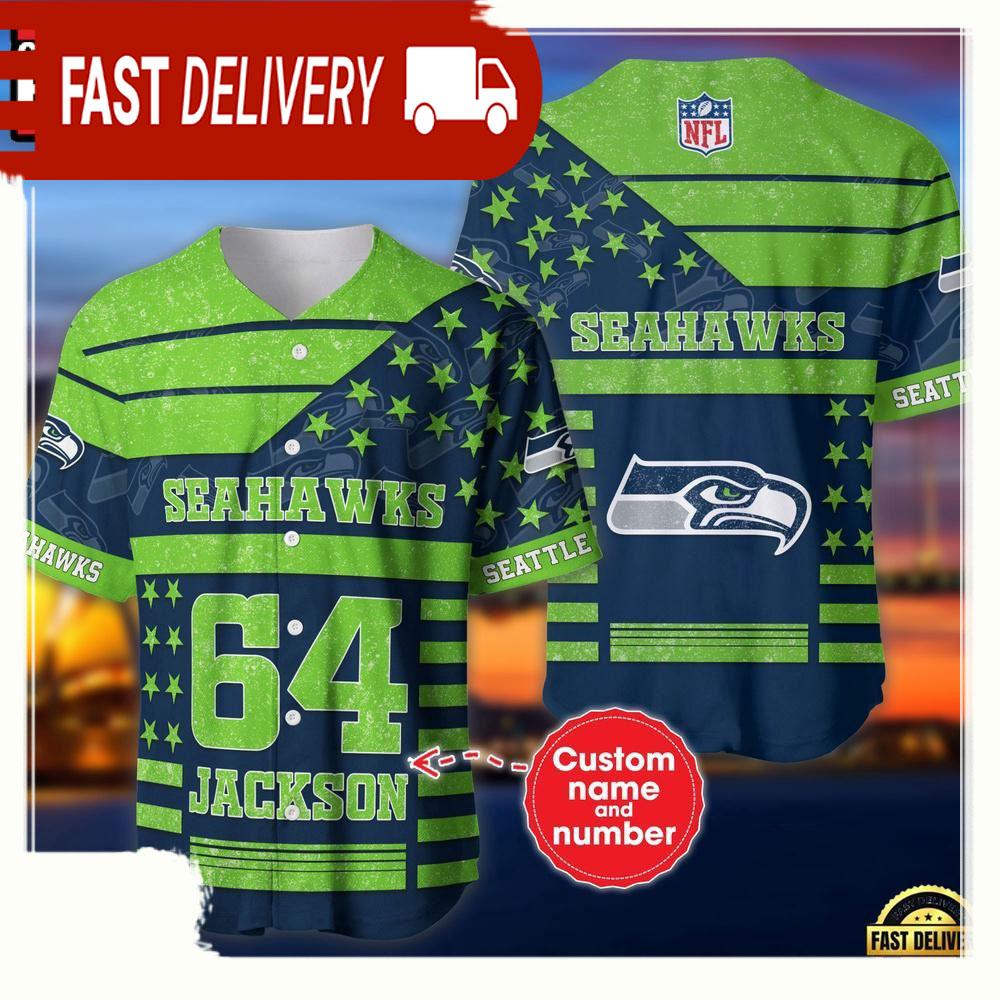 NLF Personalized Name & Numbler Seattle Seahawks American Flag  Baseball Jersey Shirt