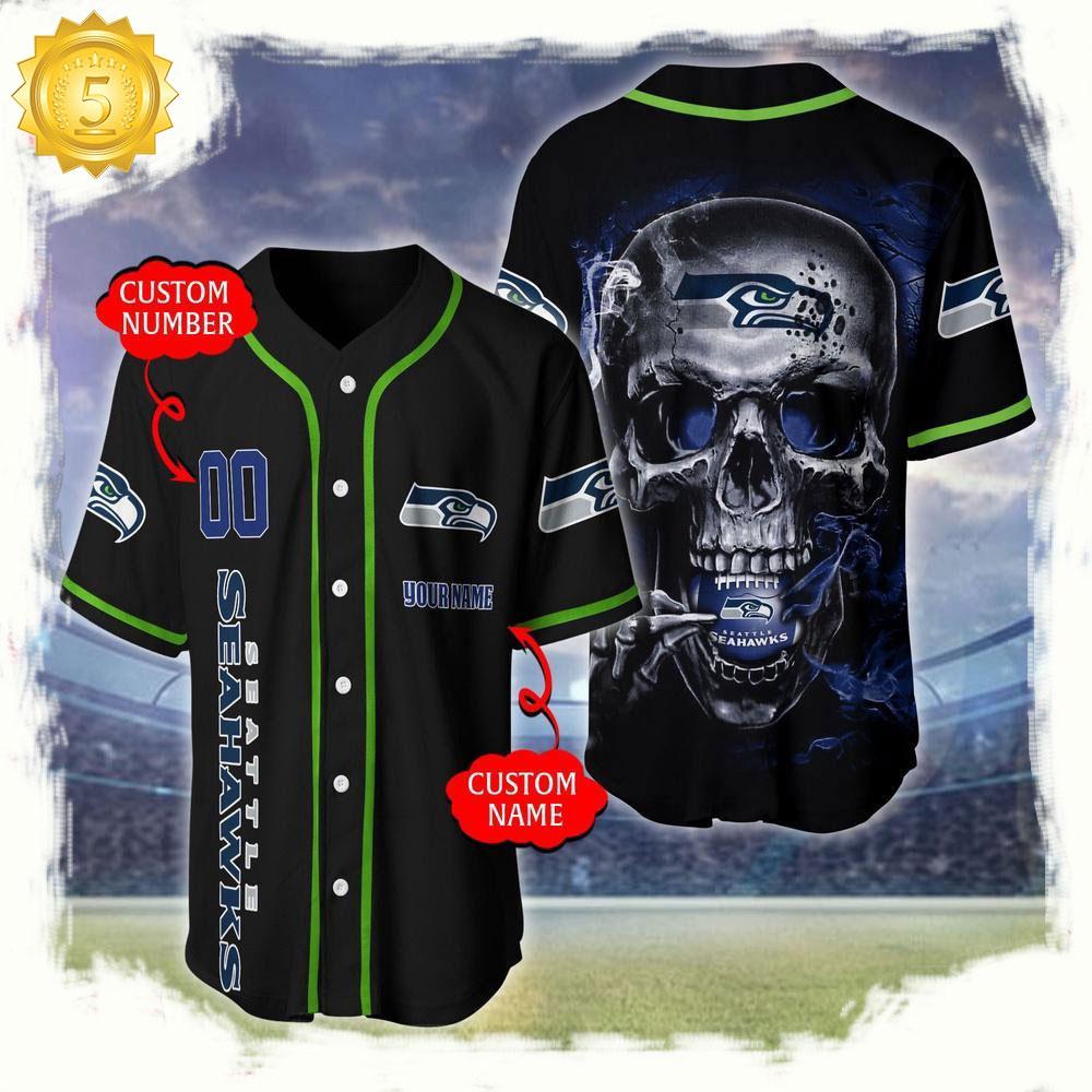 NLF Personalized Name & Numbler Seattle Seahawks Skull Face Baseball Jersey Shirt