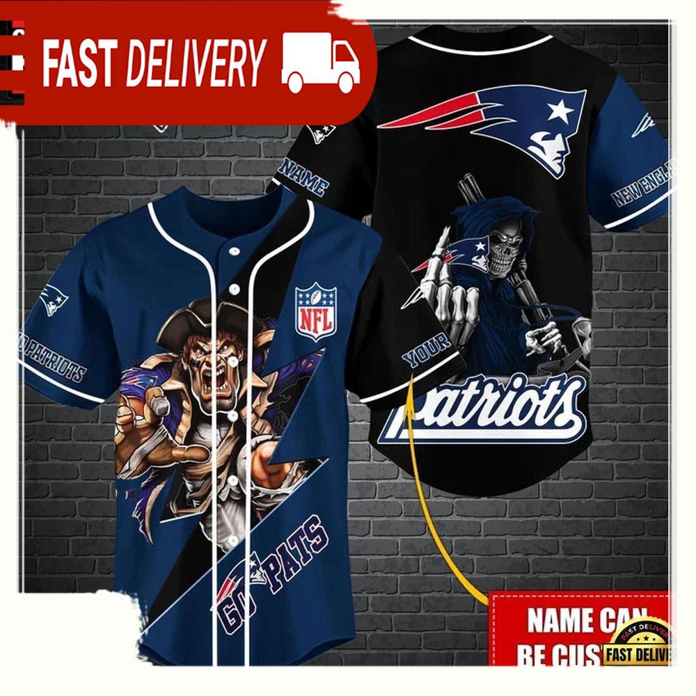 NLF Personalized New England Patriots Mascot And Skull  Baseball Jersey