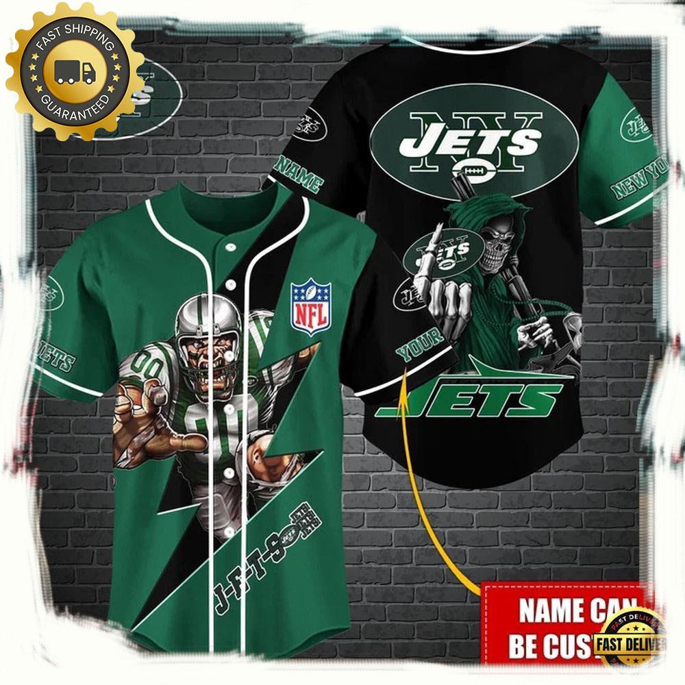 NLF Personalized New York Jets Mascot And Skull  Baseball Jersey