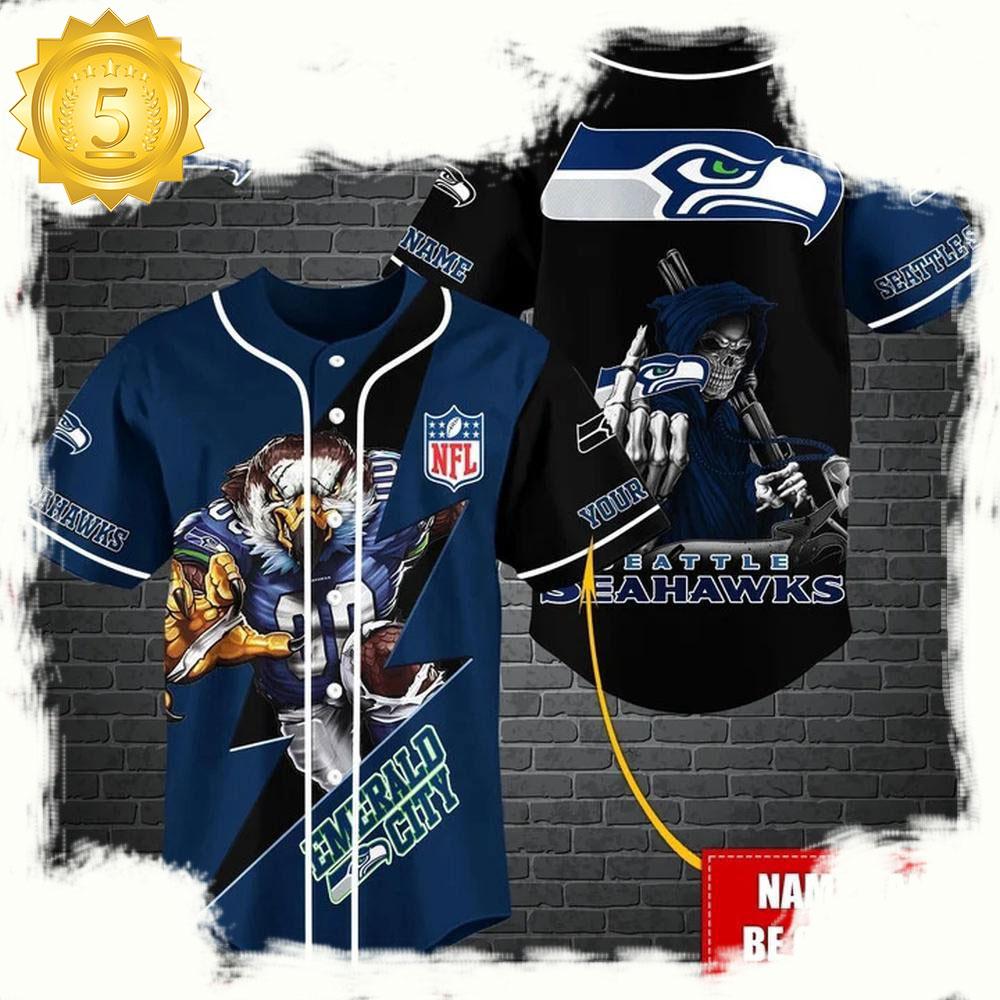 NLF Personalized Seattle Seahawks Mascot And Skull  Baseball Jersey
