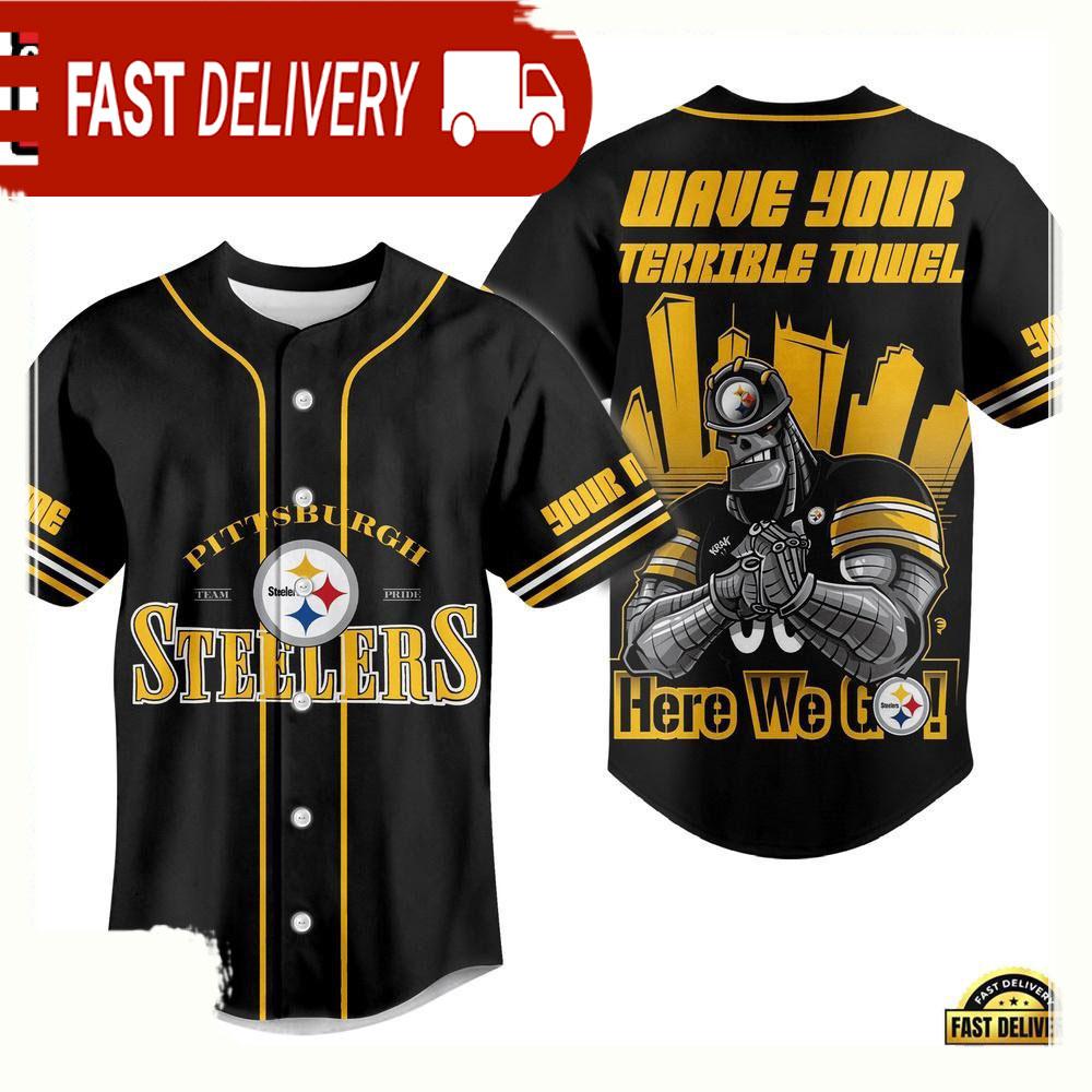 NLF Pittsburgh Steelers Wave Your Terrible Towel Here We Go Personalized Baseball Jersey