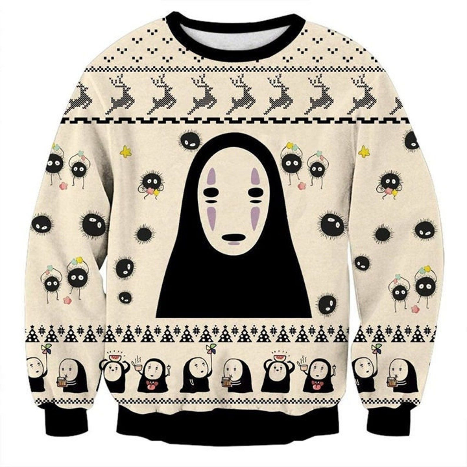 No-Face Spirited Away Studio Ghibli For Anime Fans Ugly Christmas Sweater Adult 3D Funny Matching for family
