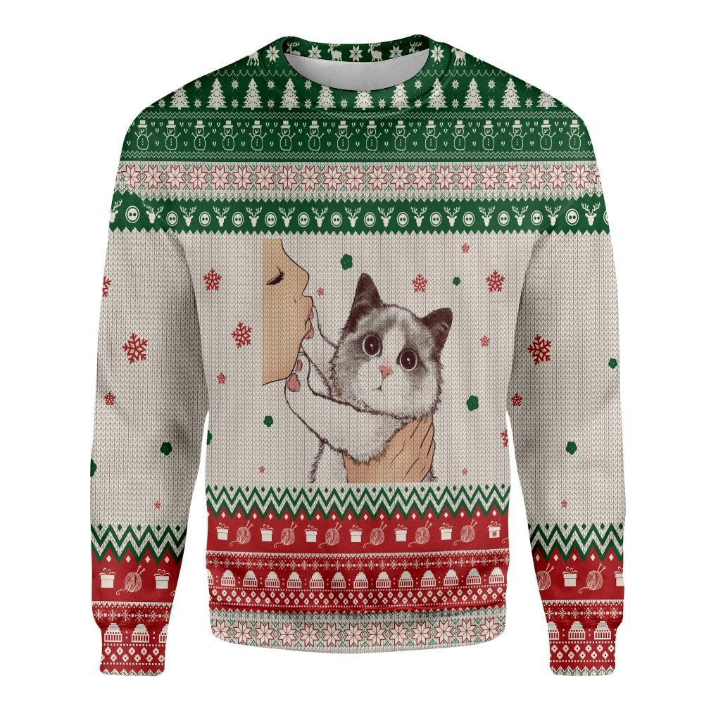 No Kiss Cat Meow Ugly Christmas Sweater Adult 3D Funny Matching for family