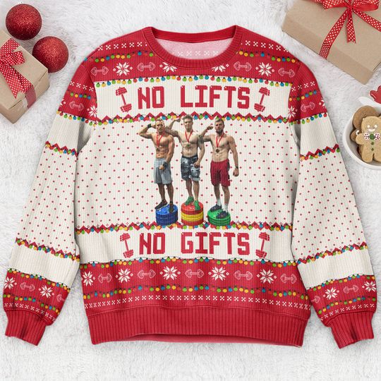 No Lifts No Gifts - Christmas Gifts For Fitness Team - Personalized Photo Ugly Sweater - Image 4