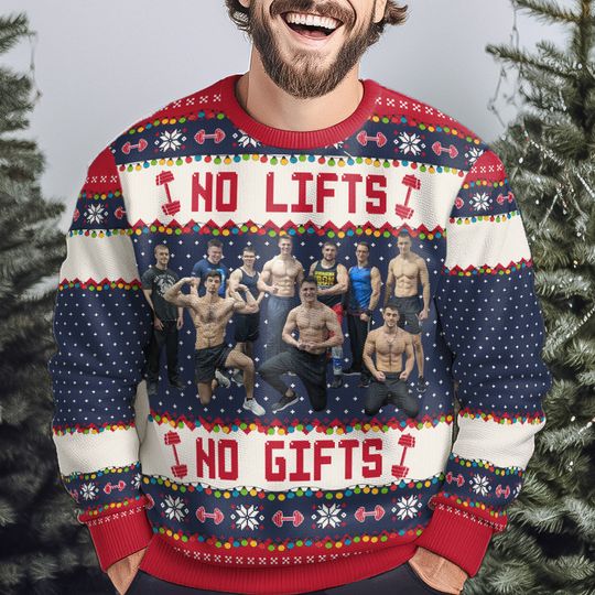 No Lifts No Gifts - Christmas Gifts For Fitness Team - Personalized Photo Ugly Sweater - Image 5