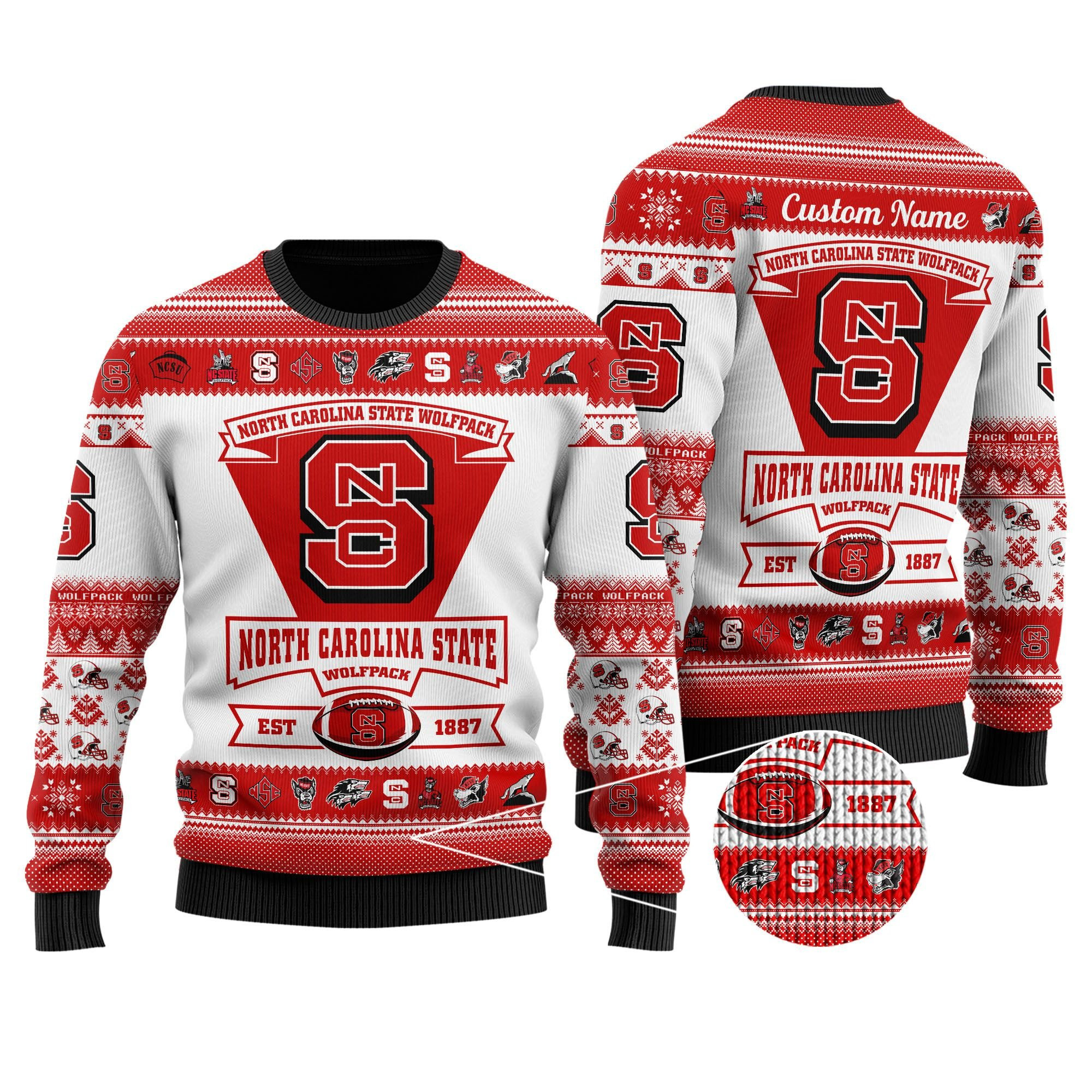 North Carolina State Wolfpack Football Team Logo Personalized Ugly Christmas Sweater Adult 3D Funny Matching for family