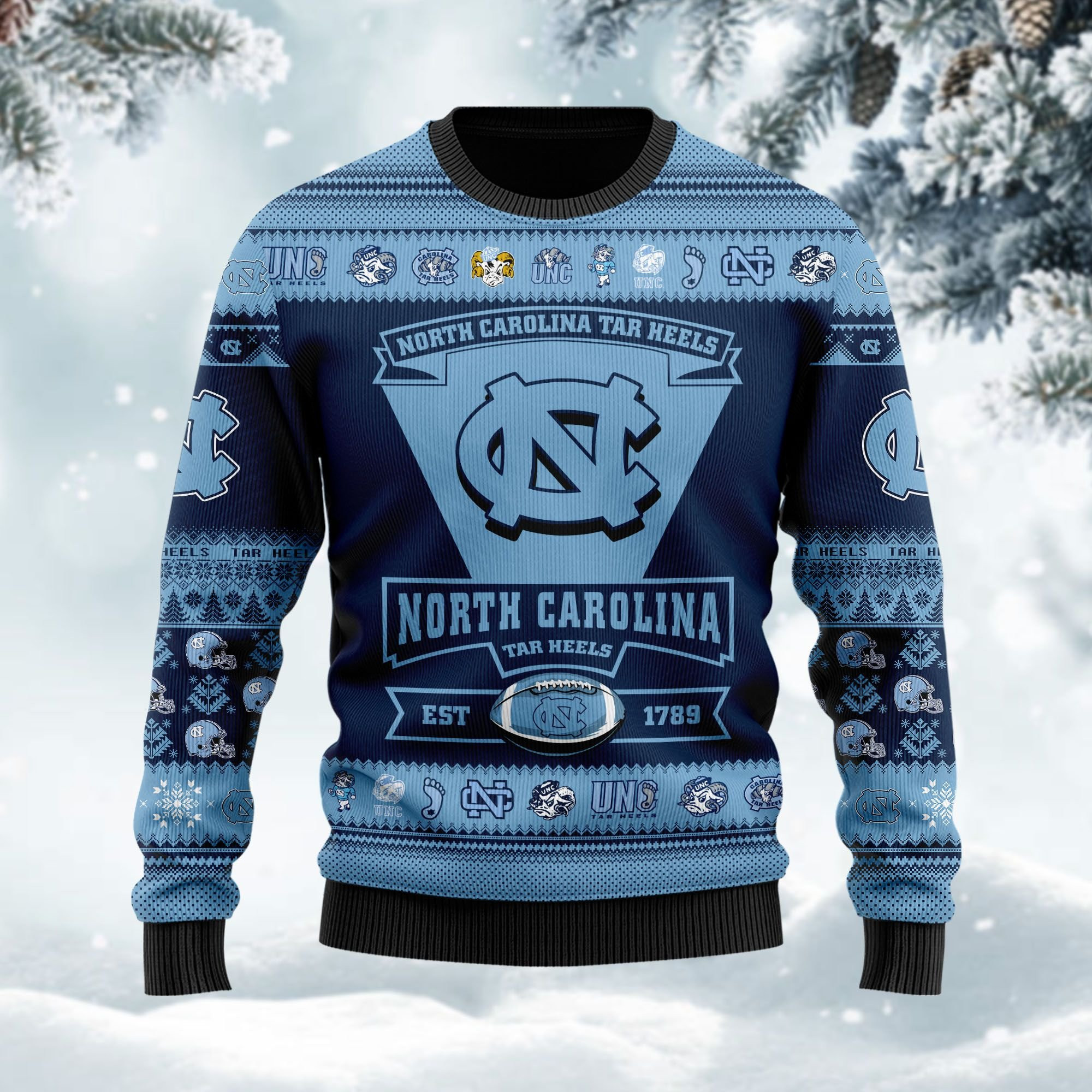 North Carolina Tar Heels Football Team Logo Personalized Ugly Christmas Sweater Adult 3D Funny Matching for family - Image 2