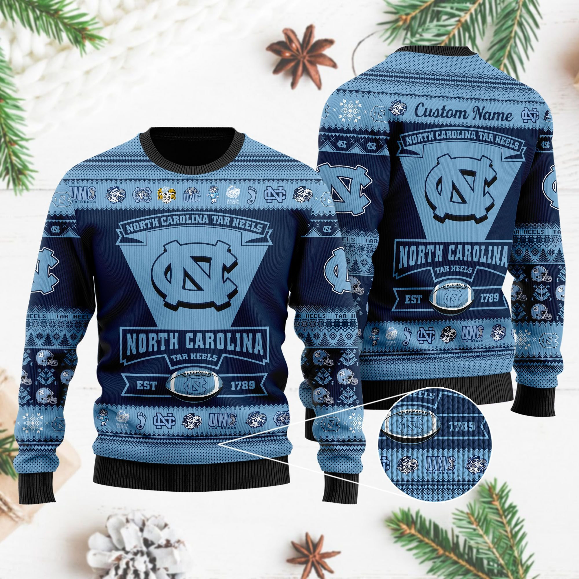 North Carolina Tar Heels Football Team Logo Personalized Ugly Christmas Sweater Adult 3D Funny Matching for family - Image 4