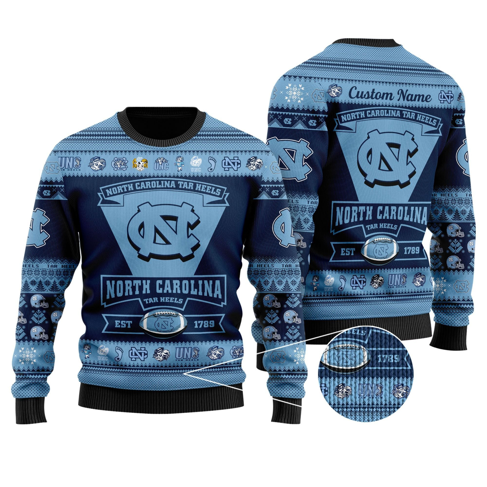 North Carolina Tar Heels Football Team Logo Personalized Ugly Christmas Sweater Adult 3D Funny Matching for family